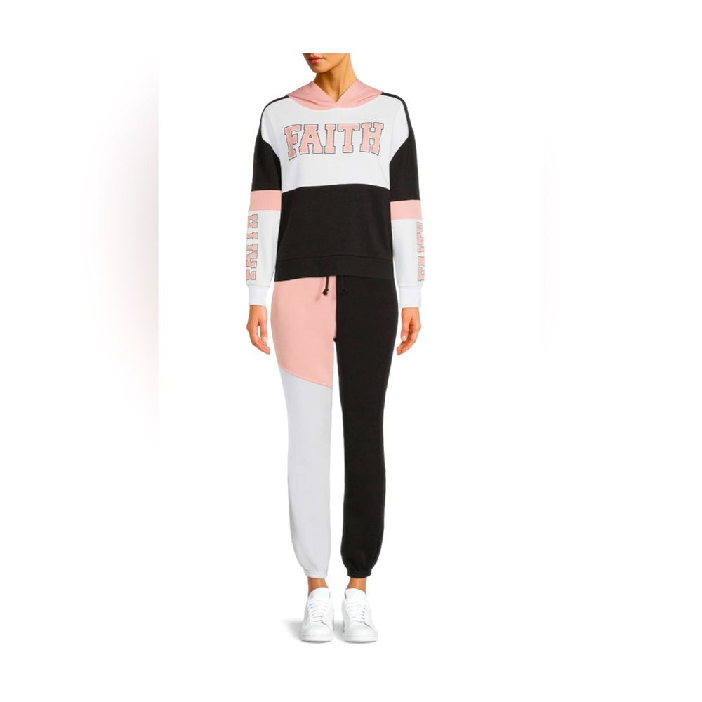 This is a hoodie and sweat pants set. There is a small stain on the right sleeve